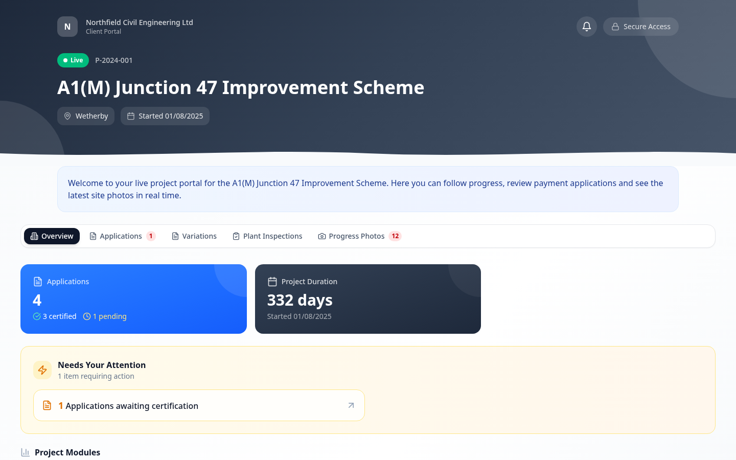 A branded external client portal for a sample motorway-junction scheme — a "Client Portal" header, a live badge, a welcome message and tabs for applications, variations, plant inspections and progress photos, with the contract value deliberately hidden.