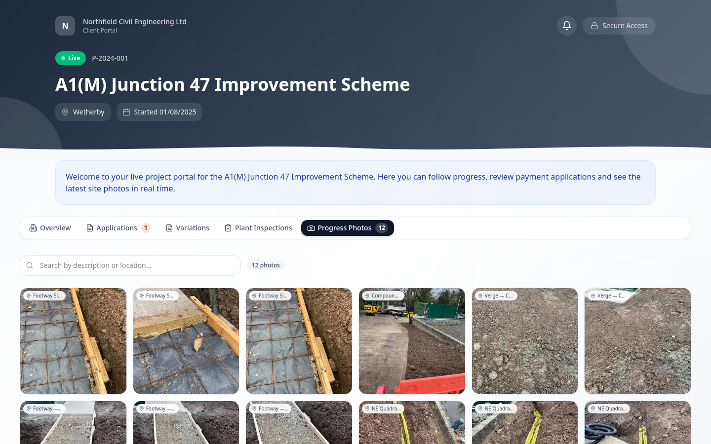 A client portal progress-photos tab for a sample project — a searchable grid of site photos labelled with their locations on a civils scheme.