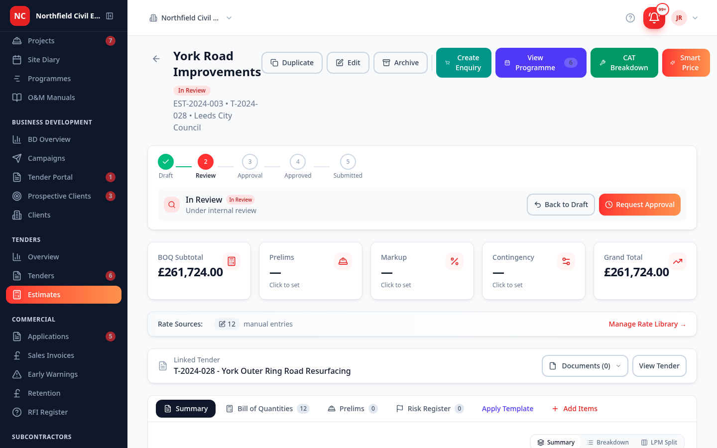 The “York Road Improvements” estimate (EST-2024-003, Leeds City Council) moving through a Draft → Review → Approval → Approved → Submitted workflow — a Bill of Quantities with a £261,724 subtotal and grand total, 12 rate-library entries, the linked tender, and Bill of Quantities / Prelims / Risk Register tabs.