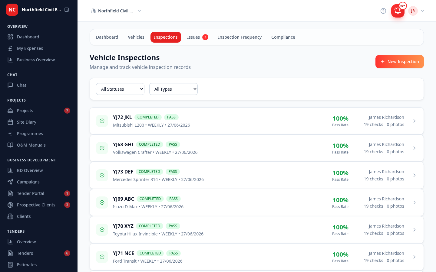 The vehicle inspections list — completed weekly walkaround checks across the fleet, each showing a pass rate, the inspector and the inspection date, filterable by status and type.