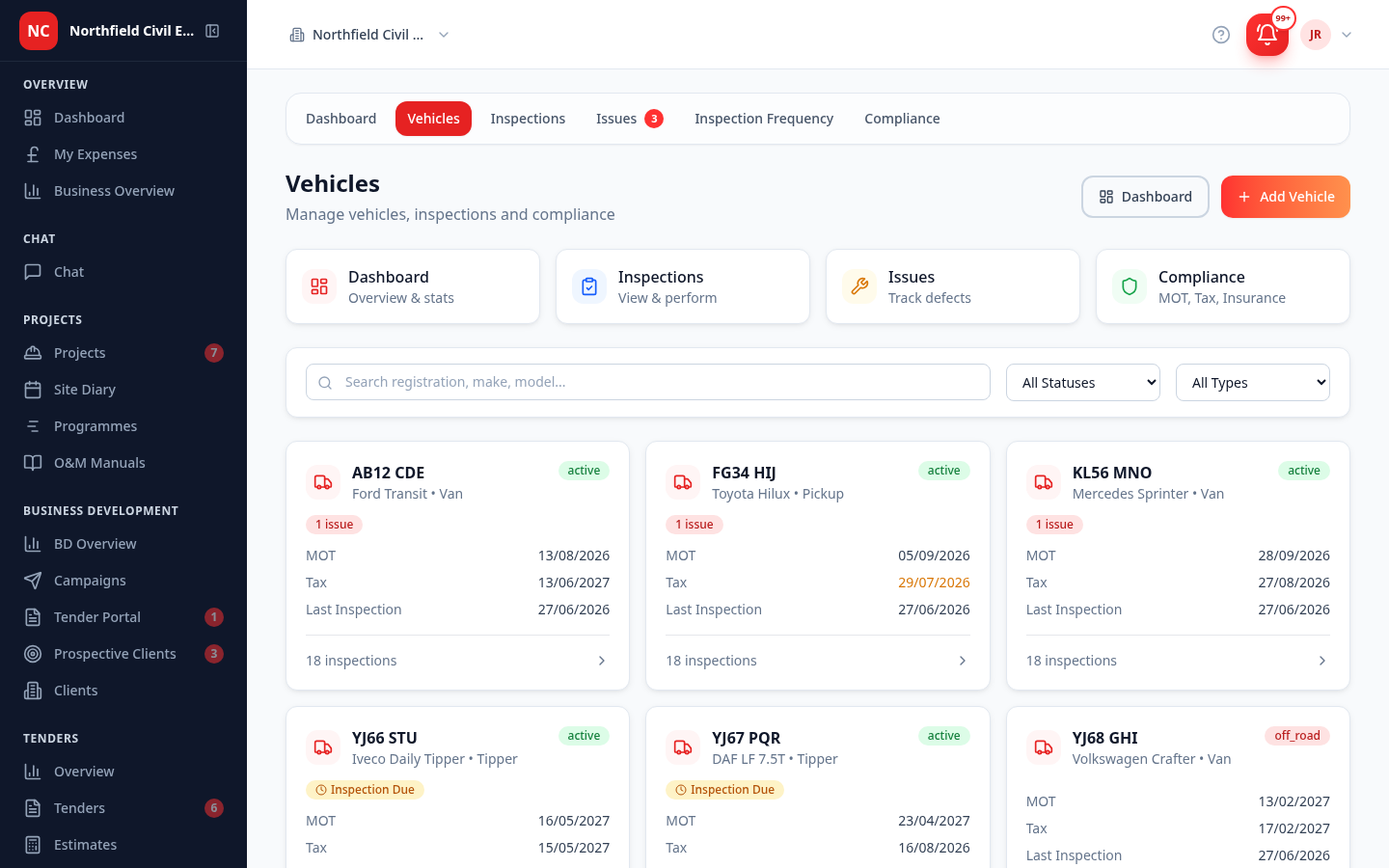 The fleet register — vans, pickups and tippers including a Ford Transit, Toyota Hilux and Mercedes Sprinter — each card showing MOT expiry, last inspection date and outstanding issues, searchable by registration, make or model.