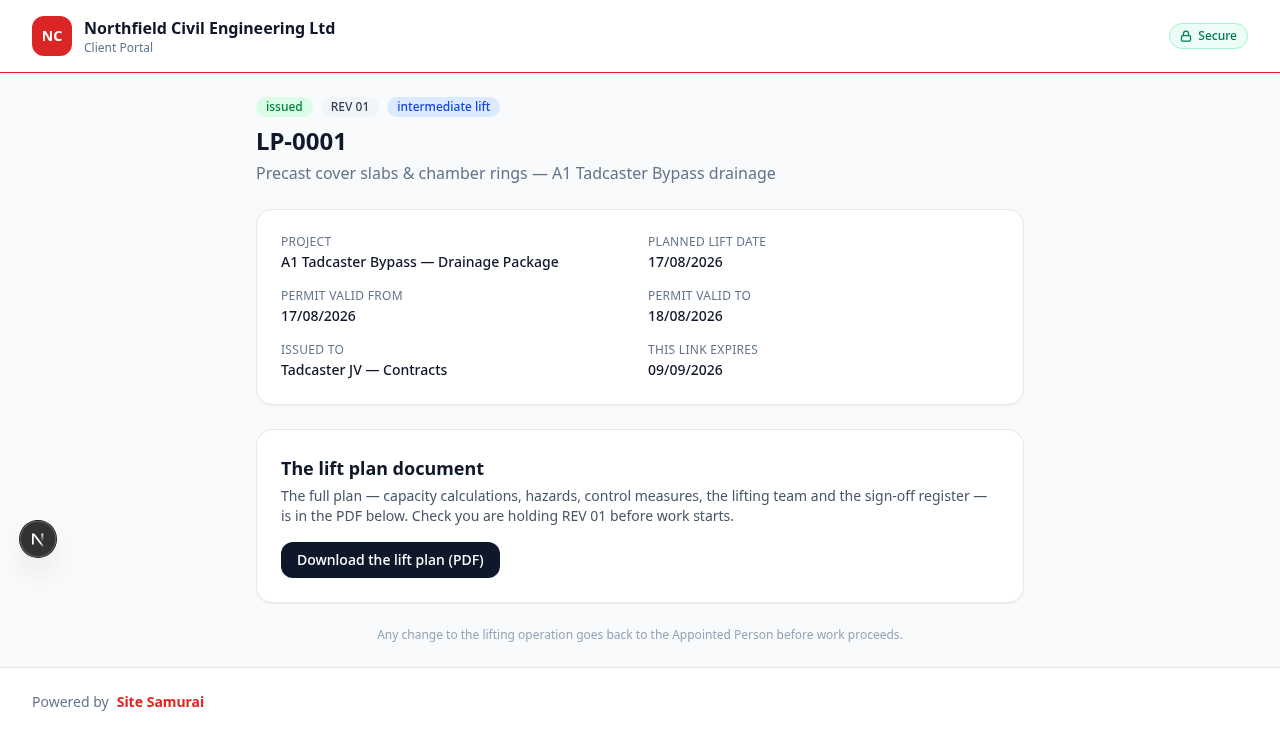 The secure client view of an issued lift plan — Northfield Civil Engineering Ltd branded, marked Secure, showing LP-0001 REV 01 as an intermediate lift with the project, planned lift date, permit window and a download link for the lift plan PDF.