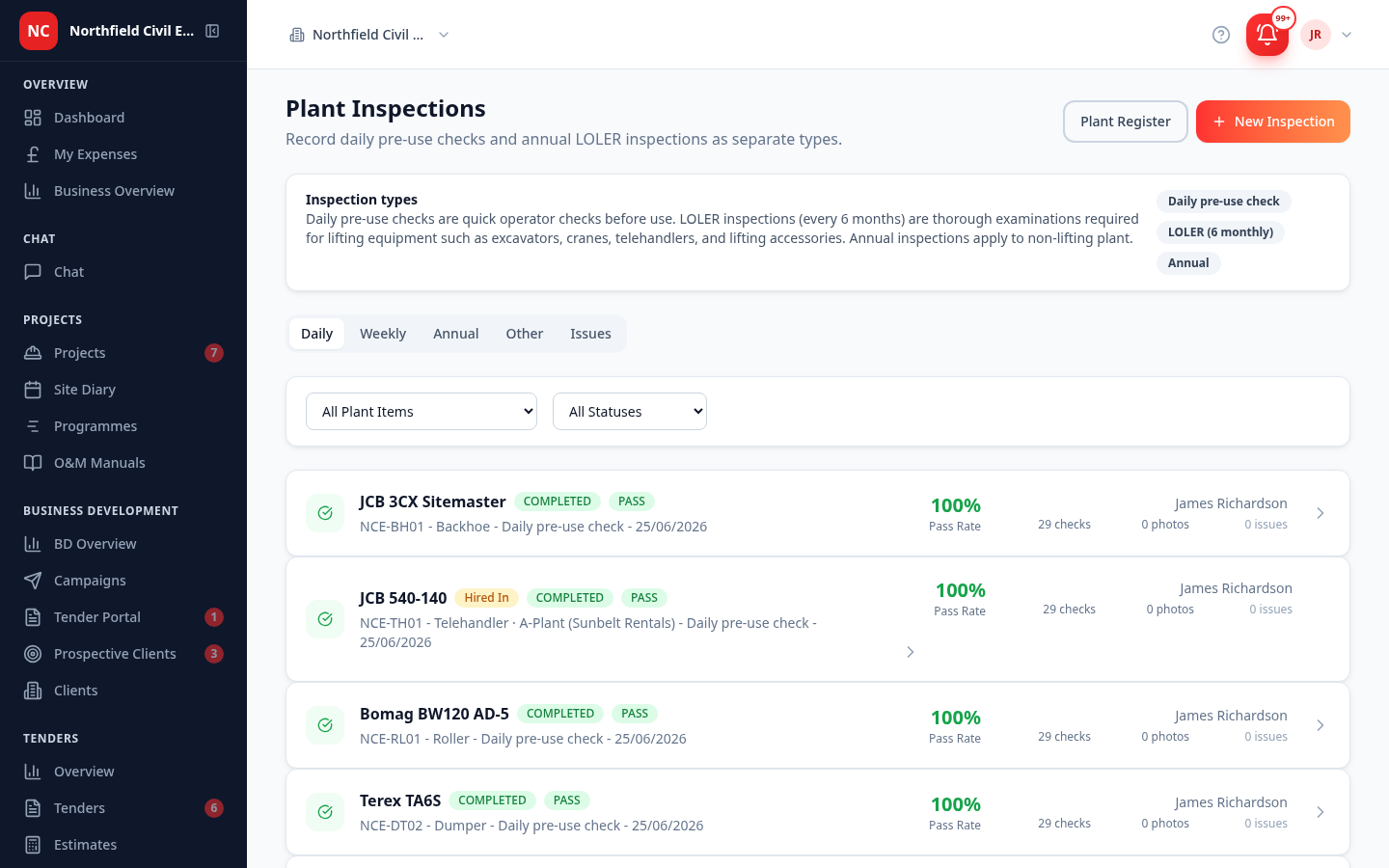 The plant inspection history — daily pre-use checks logged against each machine with completion status, pass rate, inspector and date, kept centrally for audits and client checks.