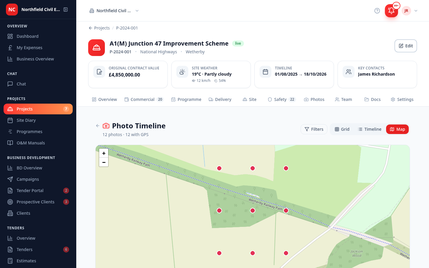 An enterprise photo-timeline map view for a demo project — GPS-tagged site photos plotted as red pins clustered at the site on a map, with grid, timeline and map tabs.