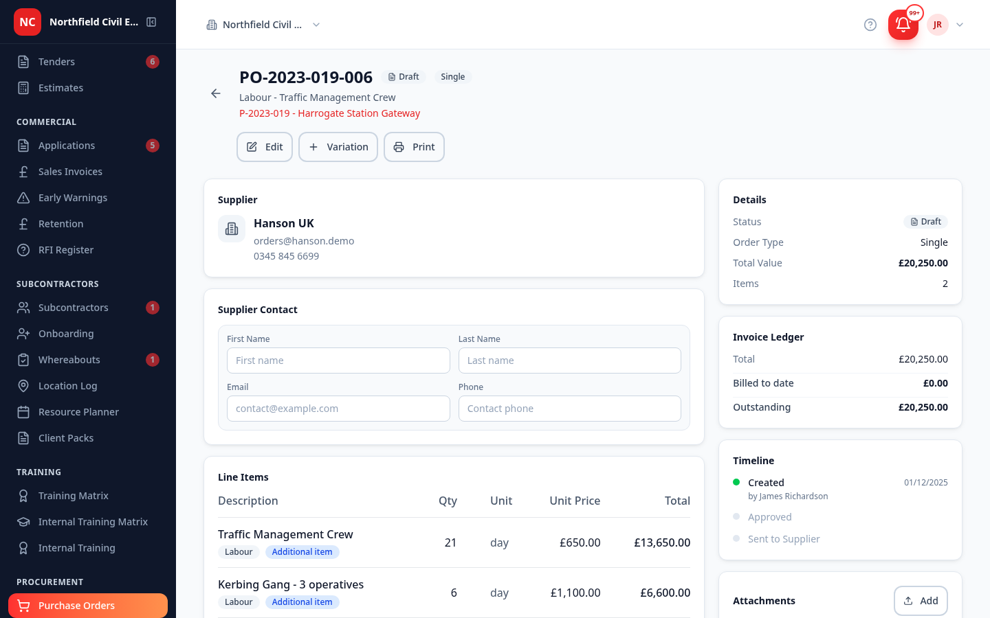 A purchase order with its invoice ledger — line items, the value ordered, the amount billed to date and the outstanding balance — so an incoming supplier invoice can be matched against what was actually ordered and received.