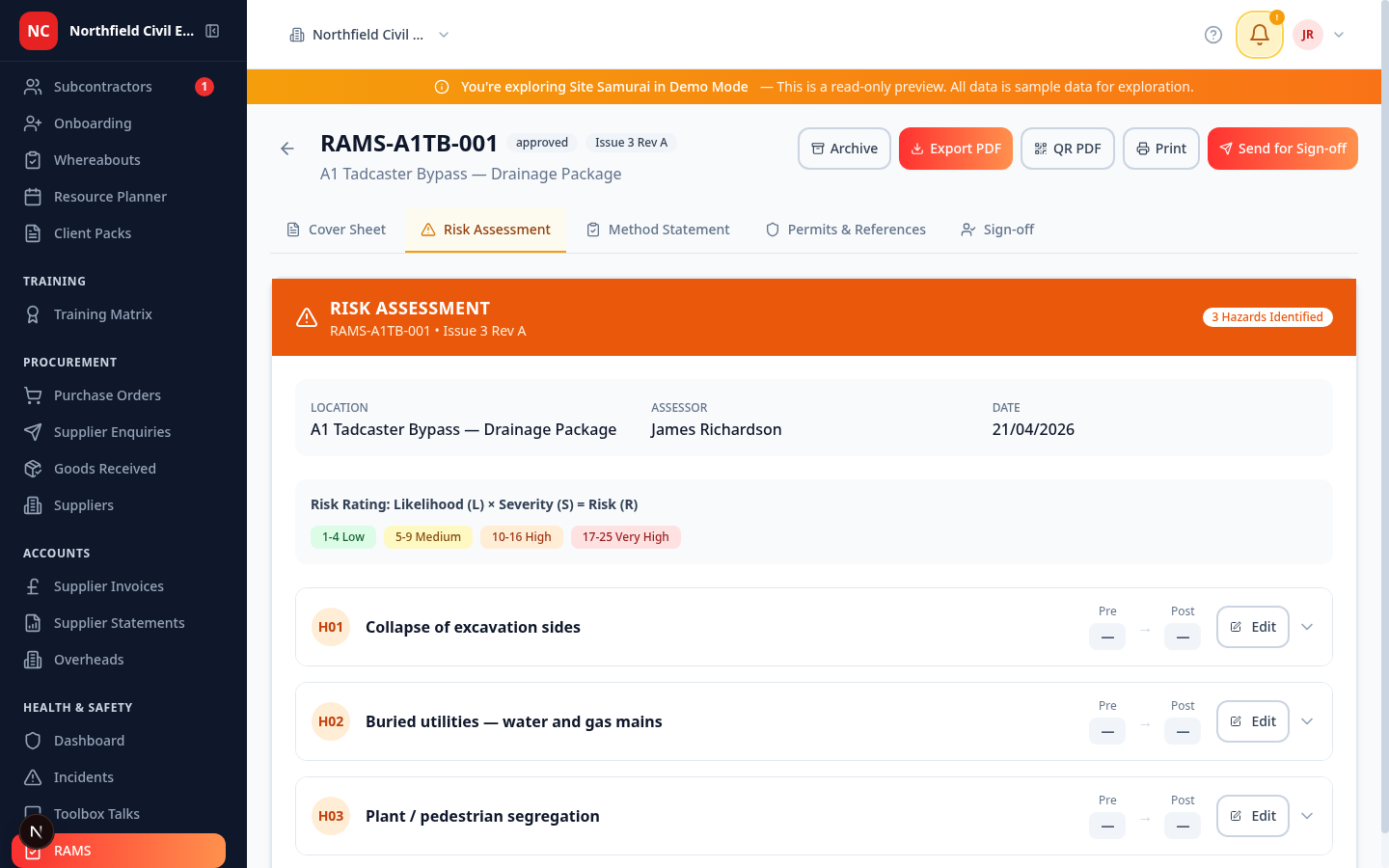 The Risk Assessment tab of a live RAMS — three real hazards (excavation collapse, buried utilities, plant and pedestrian segregation), each with a pre and post risk score you can edit, and a risk-rating legend at the top.