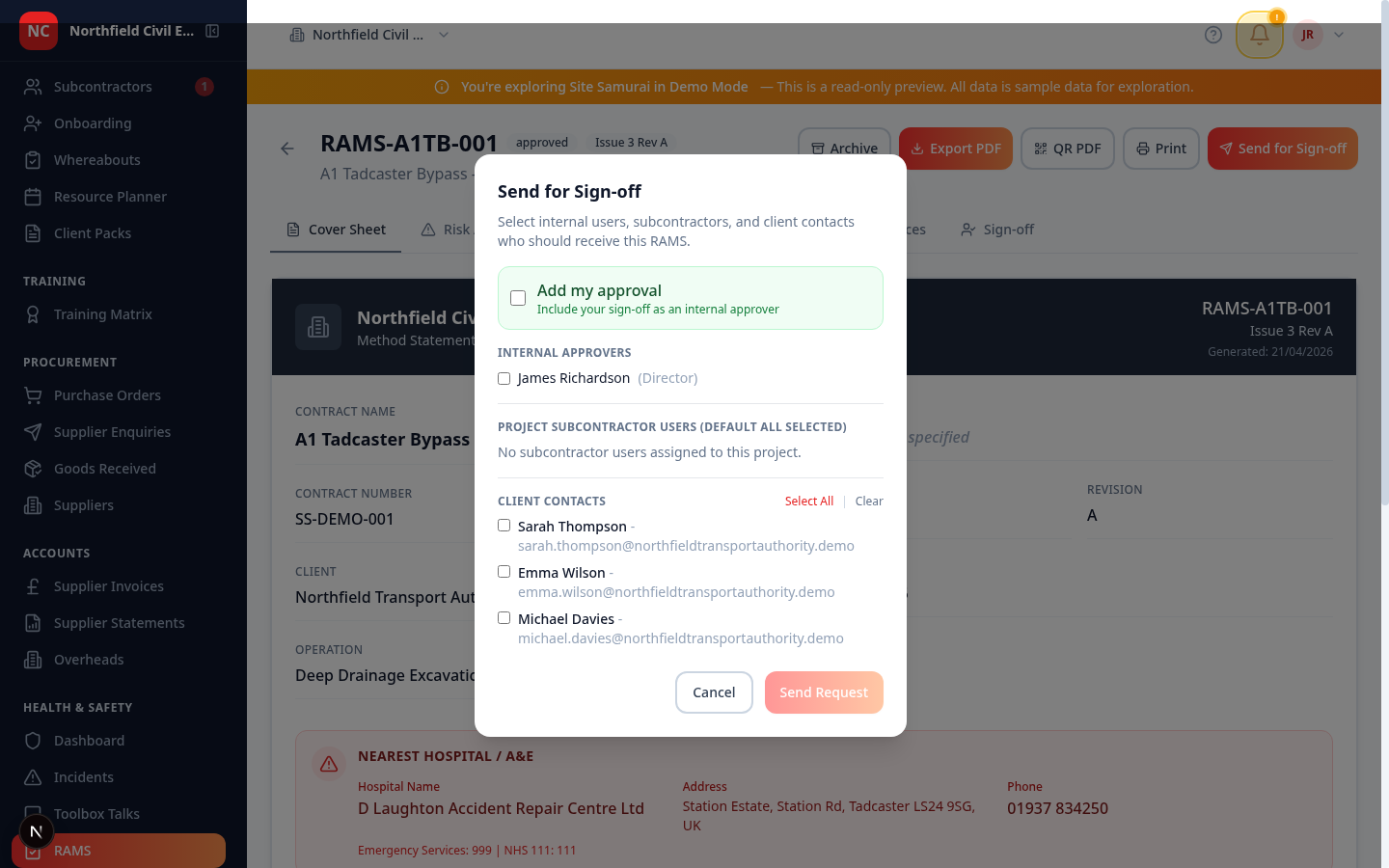 The Send for Sign-off panel on a RAMS — internal approver and client contacts listed by name and email, an option to add your own approval, and a Send for Sign-off button to fire the whole thing off in one go.
