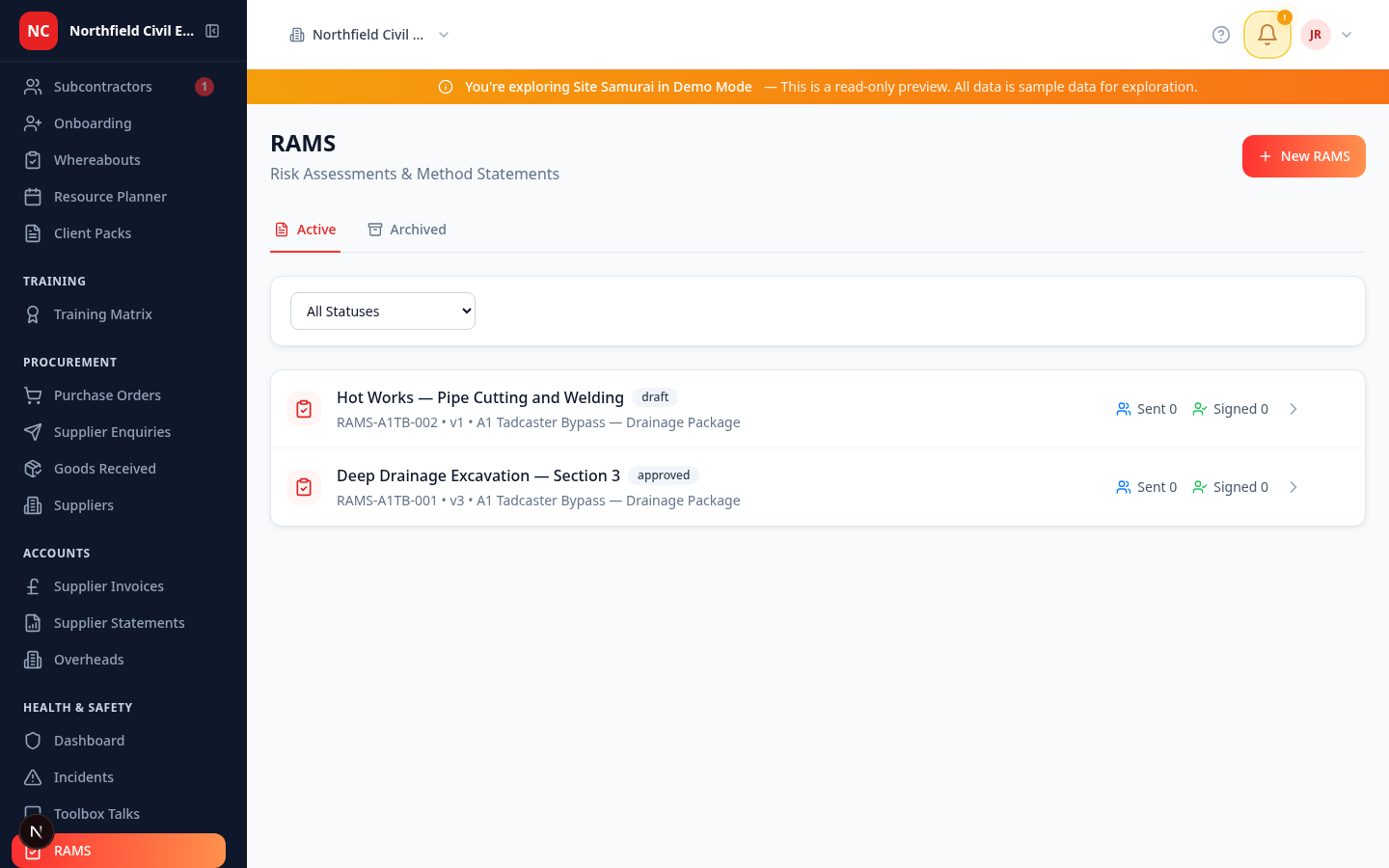 The RAMS library for a live job — approved and draft documents with reference numbers and version numbers, tabs for active and archived RAMS, and a count of how many have been sent and signed on each one.