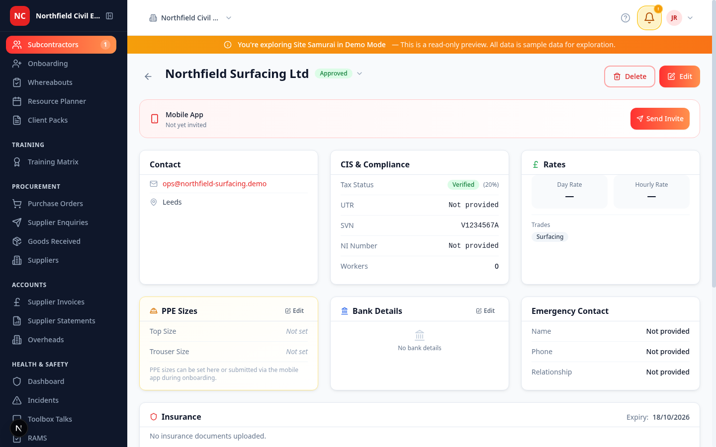 A subcontractor record open on the CIS and Compliance panel — tax status shown as Verified at 20%, HMRC verification number, UTR and NI fields, insurance expiry, agreed rates and contact details all on one screen.