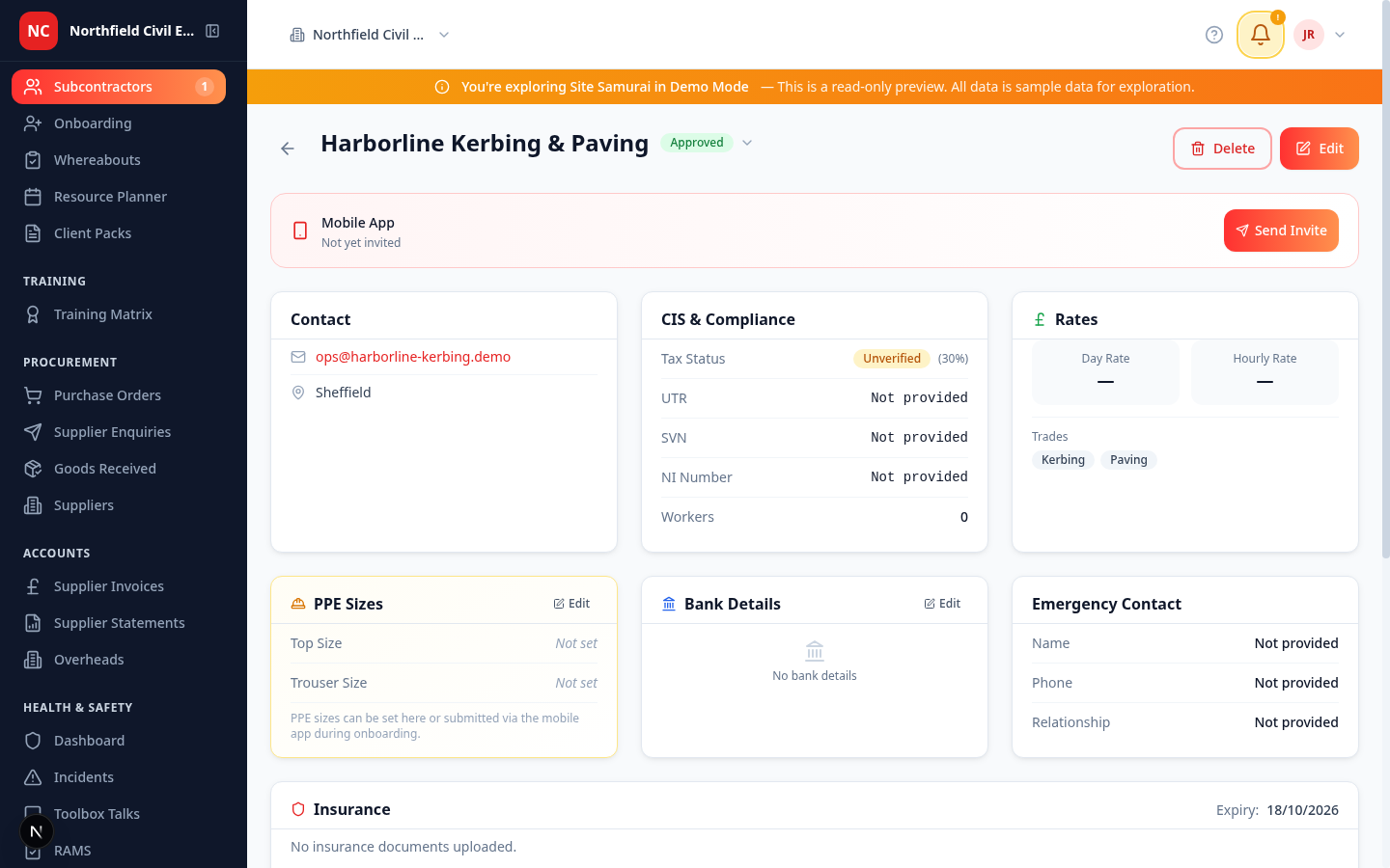 An individual subbie record — CIS & Compliance panel shows their tax status (Unverified, 30%), UTR and NI fields, trades they cover, insurance expiry, and cards for rates, bank details and emergency contact. One click to edit or send them a mobile invite.
