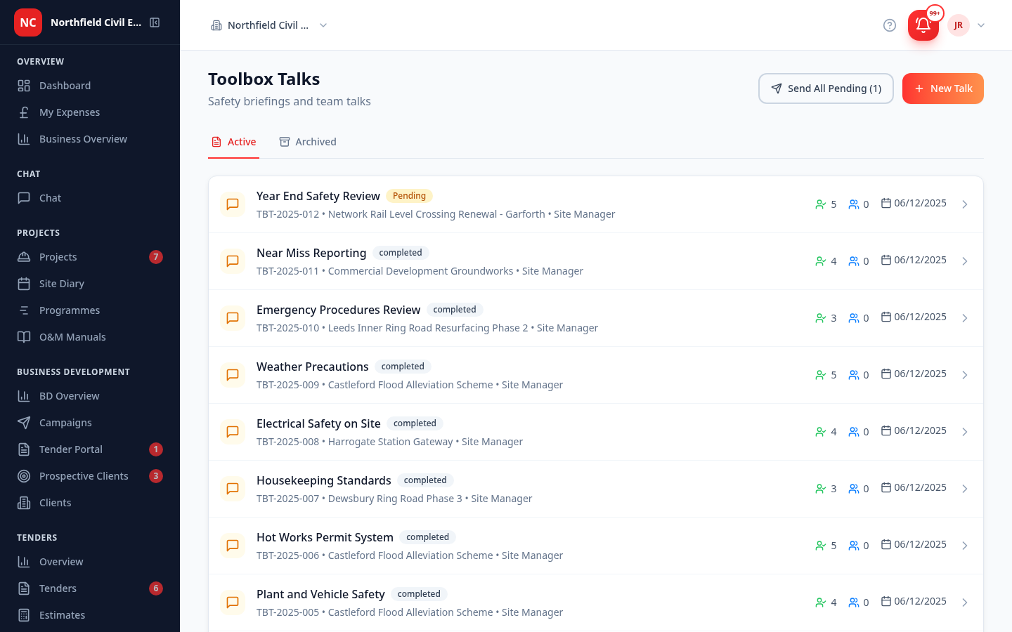 The Toolbox Talks list — scheduled and delivered talks across real jobs at Network Rail Garforth, Castleford, Harrogate and Dewsbury, each with its date and attendee count, and Active and Archived tabs to find any talk later.